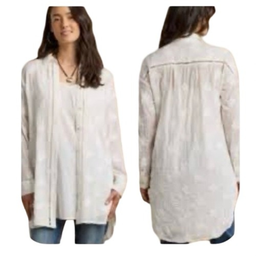 Sundance Cloverfield Shirt Dress Tunic White Embroidered Semi-Sheer Sz L Cottage